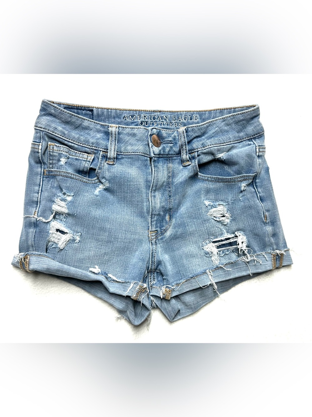 American Eagle Hi-Rise Shortie Denim Shorts Size 2 Distressed Stretch Jean